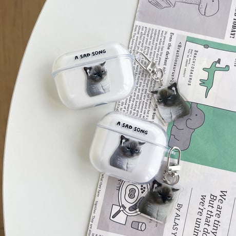 音楽を聴く猫  Airpods Pro2ケース   SAD SONG  airpods3カバー  可愛いアクセサリー付き かわいい  頑丈 ギフトにおすすめ [M2512]