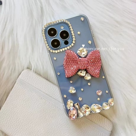 ジュエリーリボン iPhone14/15Proケース キラキラ オシャレデコiPhone13/12/11カバー 綺麗 豪華 女子力アップ ギフトにおすすめ[M2669]