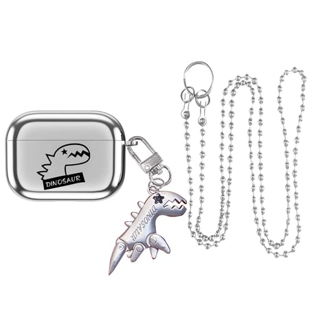 【Airpods 4】銀色 恐竜  airpodspro2/1ケース  dinosaur キーホルダー airpodsカバー チェーン付き 紐掛け 頑丈ツヤあるM395