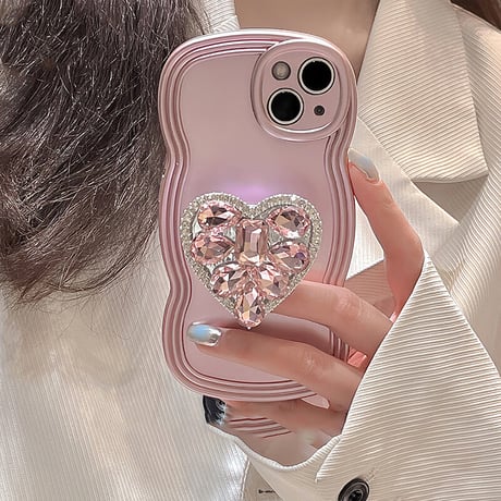 高級感豪華 iPhone14/13proケース 宝石ハートグリップ付き iPhone12pro/11カバー ピンク 落下防止波紋枠 キラキラおしゃれ[M3393]