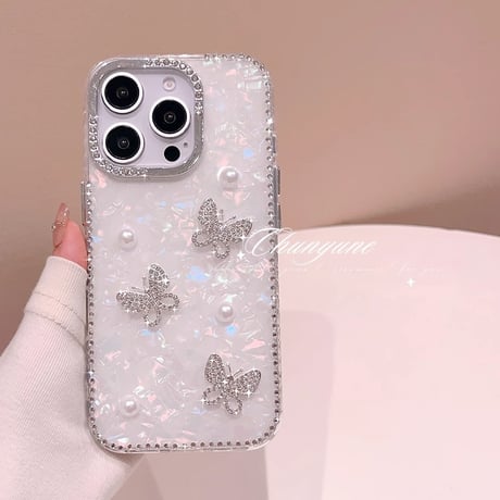 シェル柄 iPhone16pro/16カバー ジュエリー蝶/パールデコ iPhone15pro/14promax/13ケース 上品 大人可愛い エレガント [M5351]
