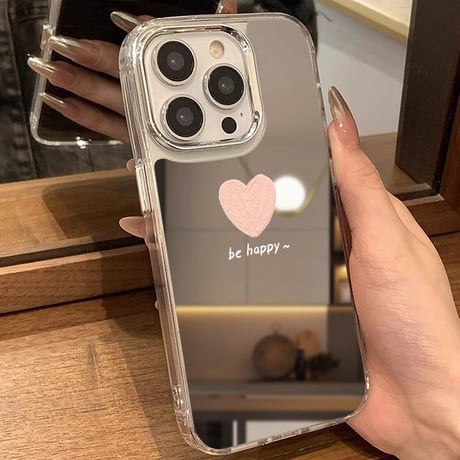 インスタ人気 鏡iPhone16pro/16plusケース be happyピンクハート柄 iPhone15promax/14/SEカバー 頑丈 メイク直しに便利[M5452]