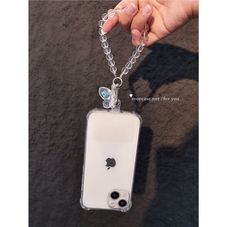 四角耐衝撃加工 透明iPhone15/14Proケース キラキラ蝶ストラップ付 iPhone13mini/12/11proクリアカバー 落下防止 シンプル オシャレ 便利[M2667]