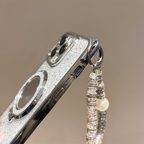 鏡リングスタンド付 iPhone16/16proケース ラメ入り iPhone15pro/14/13カバー バックチャーム/ショルダーストラップ付 [M5394]
