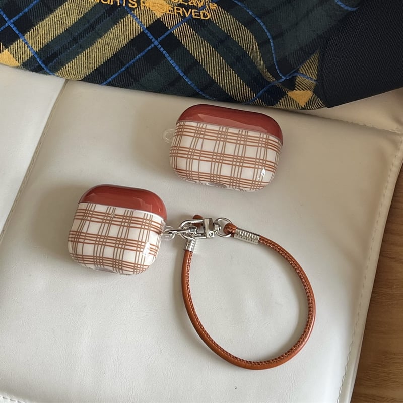 チェック柄 Airpods 4ケース レザーストラップ付 Airpodspro2/proカバー