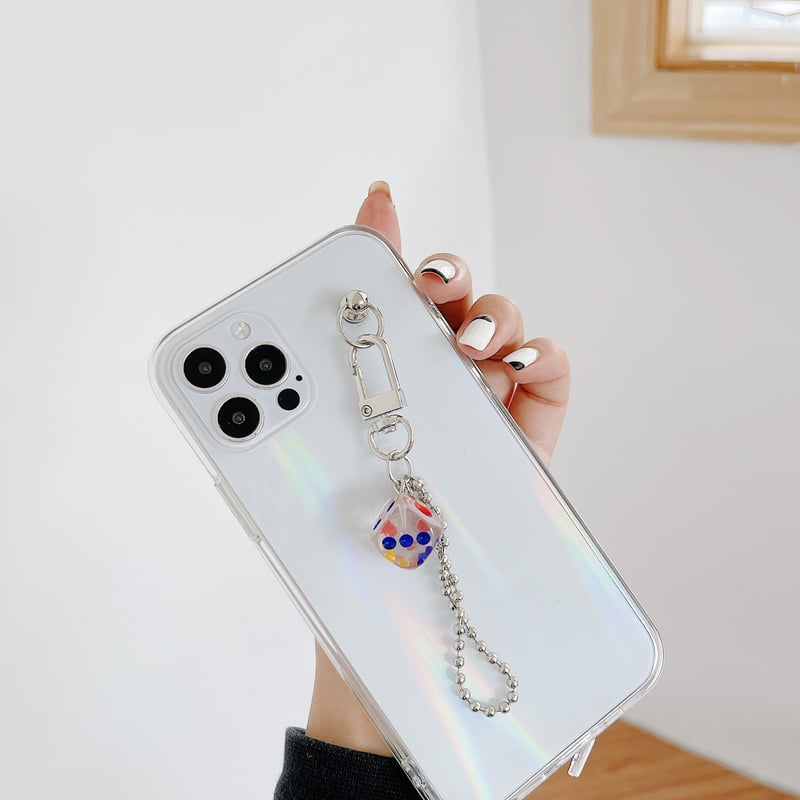 オーロラ光る iphoneクリア12/11ケース サイコロチェーン付き