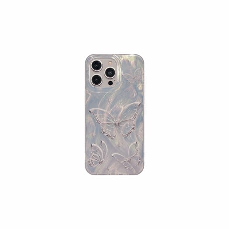 オシャレ iPhone15/15Proケース キラキラチョウ iPhone/14/13ケース ホワイト 女子に人気 [M3763]