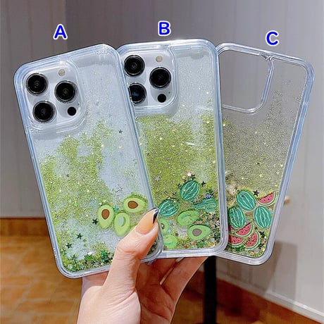 流れるグリッター/スイカ/アボカド iPhone14/13miniケース 液体 キラキラアイフォン12mini/11pro/SE3カバー 面白い お揃い 頑丈 夏に人気  [M3323]