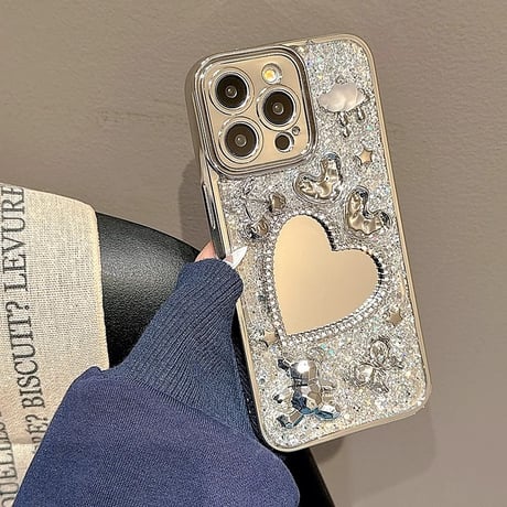 ジュエリーハート鏡 iPhone15/15proケース リキラキラグリッター iPhone14promax/13pro/12ケース かわいい きれい[M4337]