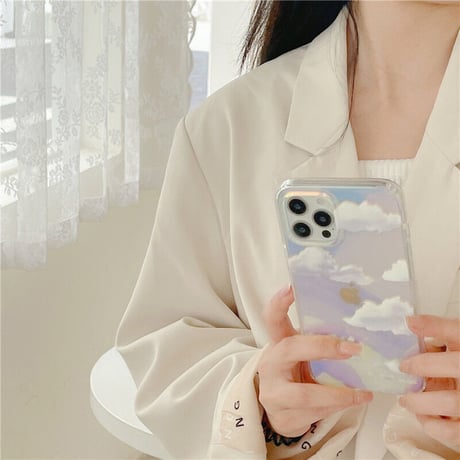 透明雲柄 iphone12/11ケース  キラキラ空柄 アイフォンSE2/XS/8カバー ツヤ感 オーロラ光るインスタ映え可愛いM423