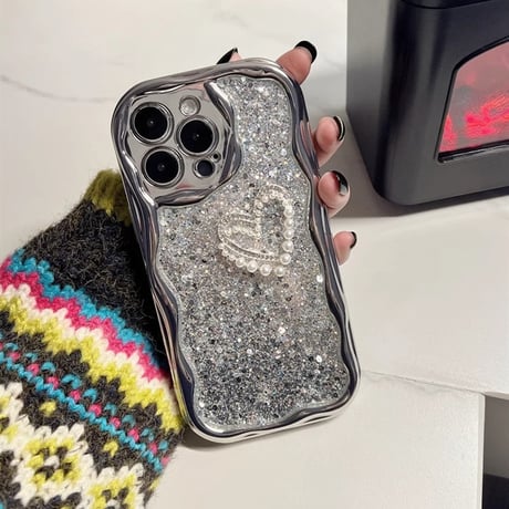 うねうねキラキラ iPhone15/15proケース グリッター入り 真珠ハート iPhone14pro/13/12/11カバー 女子力UP トレンドファッション[M3999]