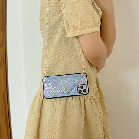 カード入れ付 iPhone13/13proケース  首掛けチェーン付 アイフォン12 /11カバー  グラデーションカラーM999