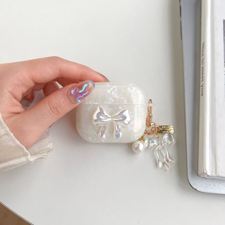 【Airpods 4】キラキラリボン AirpodsPro2ケース 貝殻紋 airpods3/2/1ケース  オシャレリボンアクセサリー付 ソフト ギフトに最適 [M2676]