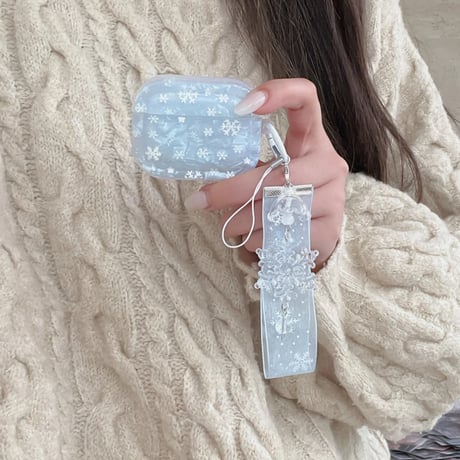 シェル風 雪花 AirPods Pro3 ケース 水色 Airpods4/3ケース  AirpodsPro2/Pro1カバー  レースストラップ 指紋防止[M6007]
