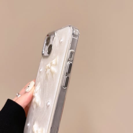 リボン/ハートデコ iPhone15pro/15ケース ホワイト iphone14/13pro/12proカバー  女子力アップ 高級感[M4353]