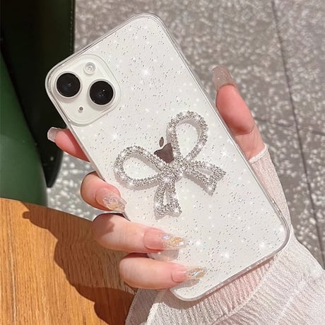 ジュエリーリボンiPhone15/15proケース キラキララメ入り iPhone14pro/13/12カバー きれい ガールズファッション M4170]