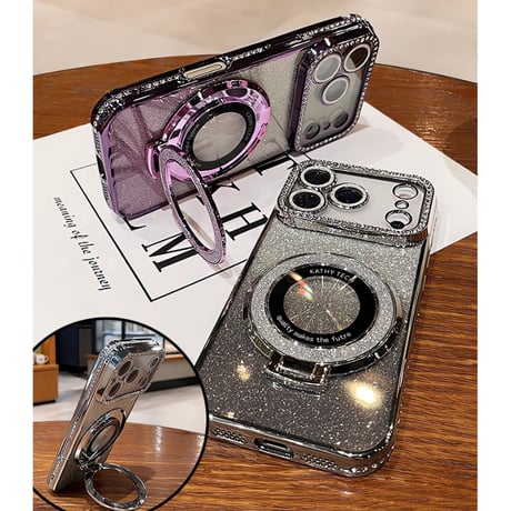 綺麗ジュエリー iPhone17/17Proケース Magsafeリングスタンド iPhone17ProMax/Airケース  レンズ保護 キラキララメ[M5698]