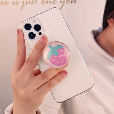 クリスタル スマホグリップスタンド イチゴ/ピーチ/黒花/牛柄 かわいい 粘着タイプ キラキラ 全機種対応 オシャレ トレンド[M3107]