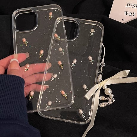 立体花 アイフォン15/15proケース 韓国風  バレエシューズストラップ付iphone14pro/13/12カバー キラキララメ 黄ばまない[M4109]