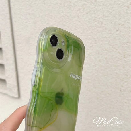 抹茶グリーン暈し染め iPhone13/14カバー Happy高級感 iphone12pro/11ケース  可愛い 透明感 頑丈 波紋枠 落下防止 [M2881]