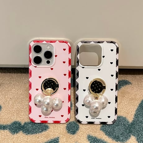 パールリング付 iPhone16Pro/16ケース ハート柄 iPhone15Pro/14Pro/13ケース 大人可愛い 上品 ガールズに人気 [M5424]
