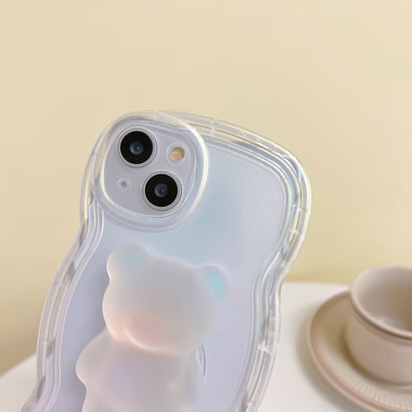 【iPhone15対応】クマさんスタンド iphone14/13proケース  クリアiphone12/11カバー 波紋枠 高級感 可愛い 実用[M2215]