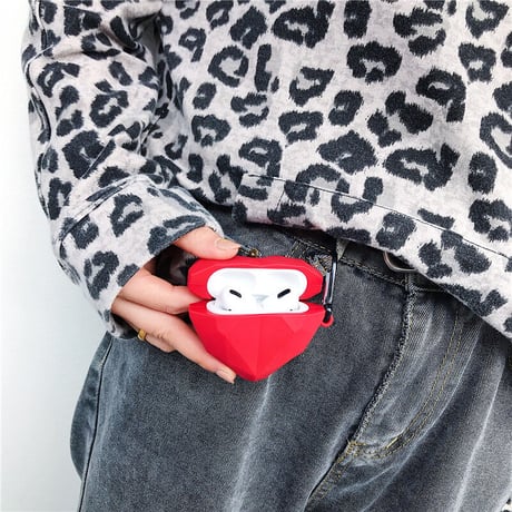 ダイヤモンドハート  airpods第三世代ケース  レッド  airpodsproカバー  フック付き シリコン 人気 プレゼントにおすすめ  M1359