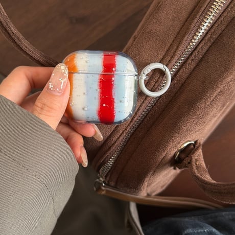 ストライプ Airpods Pro3ケース オシャレ  Airpods4/3ケース 半透明 艶感 AirpodsPro2/Pro1カバー カラーブロッキング リング付き  [M6054]