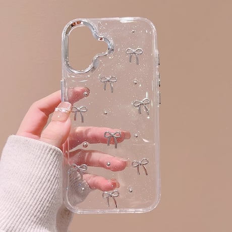 リボン iPhone16/16Proケース キラキラ クリア iPhone15pro/14/13Proカバー 女子力高い 大人可愛い[M4917]