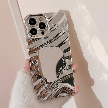 ミラー iPhone15/15Proケース シルバー 蝶柄 iPhoneSE2/14/13Pro/12ケース シック 波紋 ファッションセンスいい [M3805]