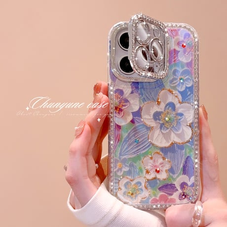 ジュエリーカメラカバースタンド iPhone17/16Proケース 油絵花柄 iPhone15pro/14/13カバー 綺麗 多機能便利[M5586]