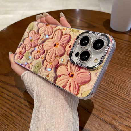 油絵花 iPhone15/15proケース キラキラ レンズフィルム付き iphone14/13/12proカバー きれい 女子力アップ[M3848]