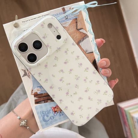 ハートミラーリングスタンド iPhone17/17Proケース MagSafe対応 iPhone16Pro/15/14ケース ダイヤデコパープル花柄 甘めコーデ [M6471]