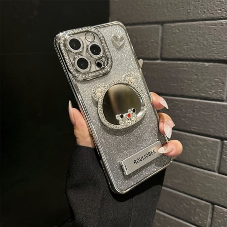 鏡付き iPhone16/16proケース スタンド付 iPhone15plus/14/13promaxカバー ジュエリーデコ 美しい かわいい [M5382]