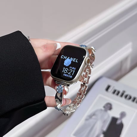 高級感花 Applewatchバンド ストーンデコ きれいアップルウォッチバンド Ultra2/1/SE2/1/Series9/8/7/6/5 ガールズファッション[M5312]