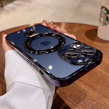 MagSafeスタンド一体型 iPhone16Pro/15ProMaxケース カメラ保護 クリアiPhone14pro/13Proケース メッキ 黄ばまない 色剥げない[M3617]