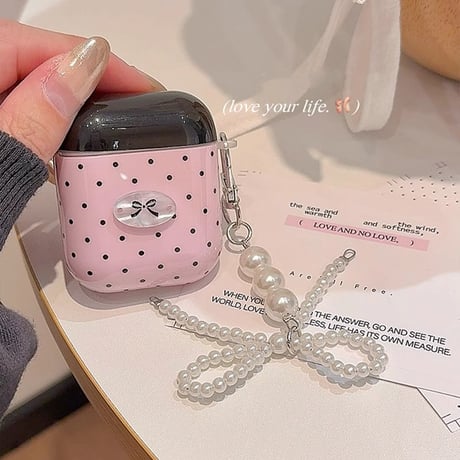 Airpods 4ケース 水玉模様 パールリボンキーチェーン Airpods3/Pro2ケース airpodspro2カバー ピンク 女子力高い 大人可愛い[M5215]