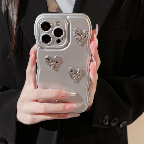 シルバー iphone14/13proケース ハートデコ 持ち手リング付 かわいい 女子力アップ[M3454]