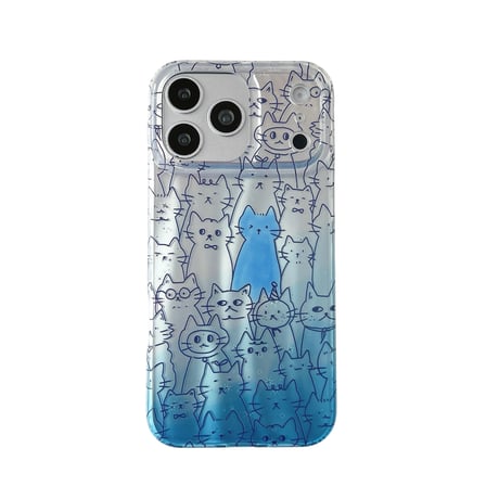 猫イラスト iPhone17Pro/17promaxケース グラデーションブルーカラー iPhone17/16Pro/15ケース かわいい 光沢感 丈夫[M6199]