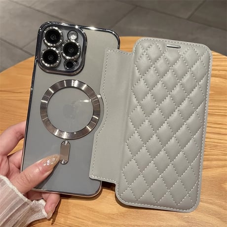 iPhone16/16Plus/Proケース 手帳型 カード収納 iPhone15Pro/14カバー magsafe対応 レンズ保護 キルティング[M4604]