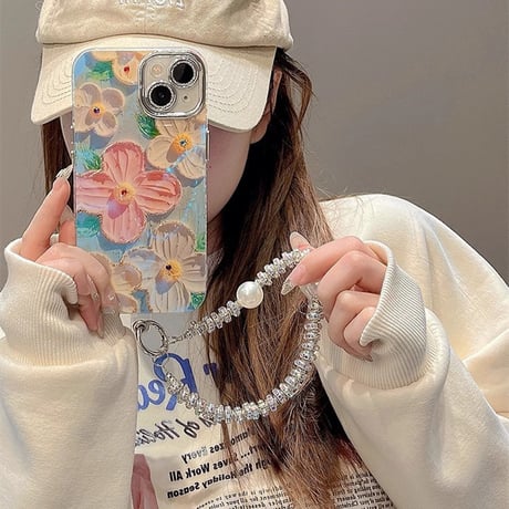 花柄 iPhone15/15proケース パールストラップ付 iPhone14/13pro/12ケース レンズフイルム付 かわいい 高級感 [M4063]
