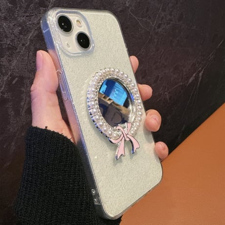 パール鏡付 iPhone15pro/15promaxケース キラキララメ入り iPhone14pro/13promaxケース 黄ばまない 可愛い [M4264]