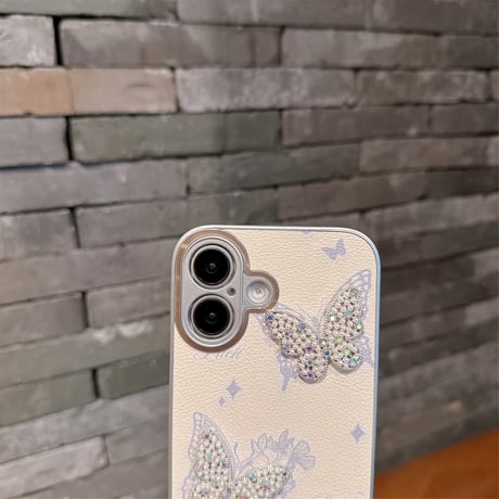 蝶々デコ iPhone16e/16proケース 高級感パールストラップ付 iPhone15promax/14/13カバー かわいい エレガント[M5316]
