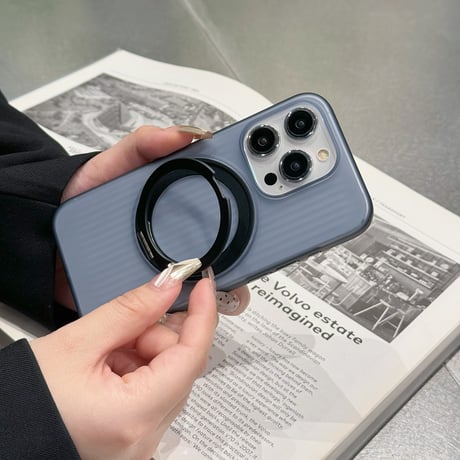 滑り止め/指紋防止 iPhone16/16proケース MagSafeリング スタンド 薄型軽量 iPhone15pro/14promax 半透明 高級感 [M4696]