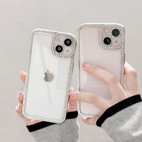 ジュエリー枠 iphone14pro/14plusケース  花のカメラレンズ iphone13/12/11カバー シルバーカラー枠クリアケース[M2331]