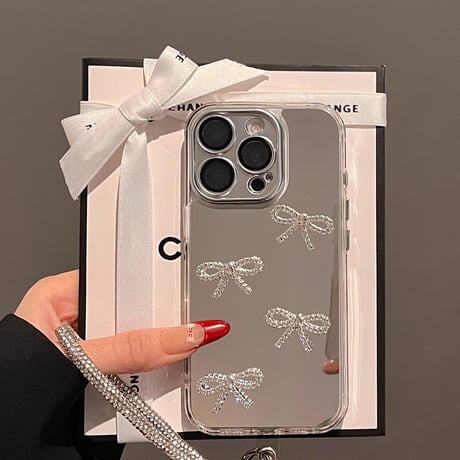 ジュエリーリボン iPhone17pro/16ケース メイク鏡 iPhone15pro/14/13promaxケース ダイヤストラップ 豪華 おしゃれ ギフトにおすすめ [M5034]