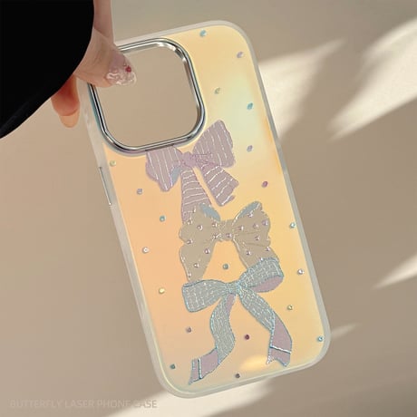 リボン柄 光るiPhone16pro/17ケース ダイヤデコ iPhone15pro/14/13カバー シック 可愛い [M5599]
