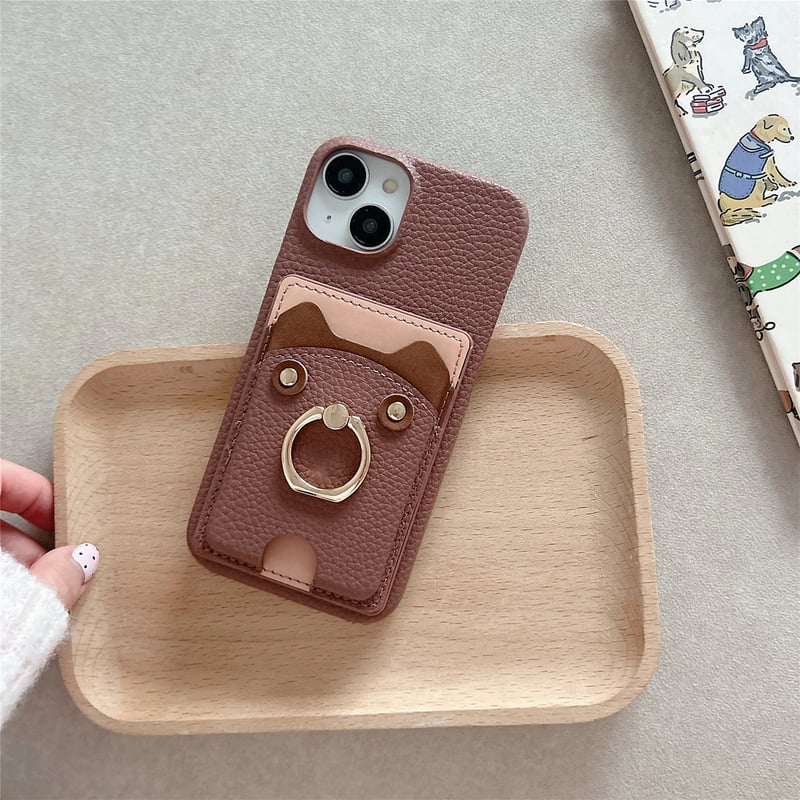 リングカード入れ付 iPhone16/16Proケース 熊 レザー アイフォン15pro