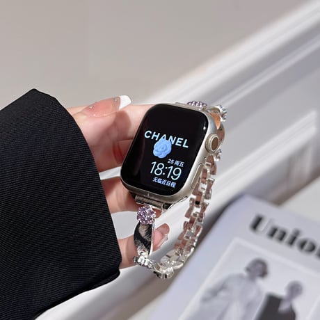 高級感花 Applewatchバンド ストーンデコ きれいアップルウォッチバンド Ultra2/1/SE2/1/Series9/8/7/6/5 ガールズファッション[M5312]