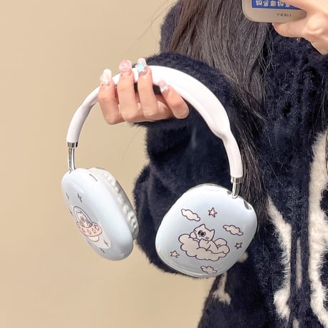 可愛い猫 AirPodsMaxケース 水色 エアーポッズ マックス専用カバー かわいい 耐久性あり ギフトに最適[M3881]